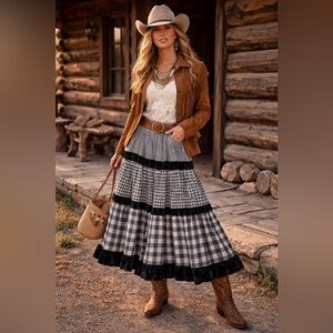 Vintage Lucia Lukken Broom Skirt Gingham Prarie Western Cottagecore Black Small
